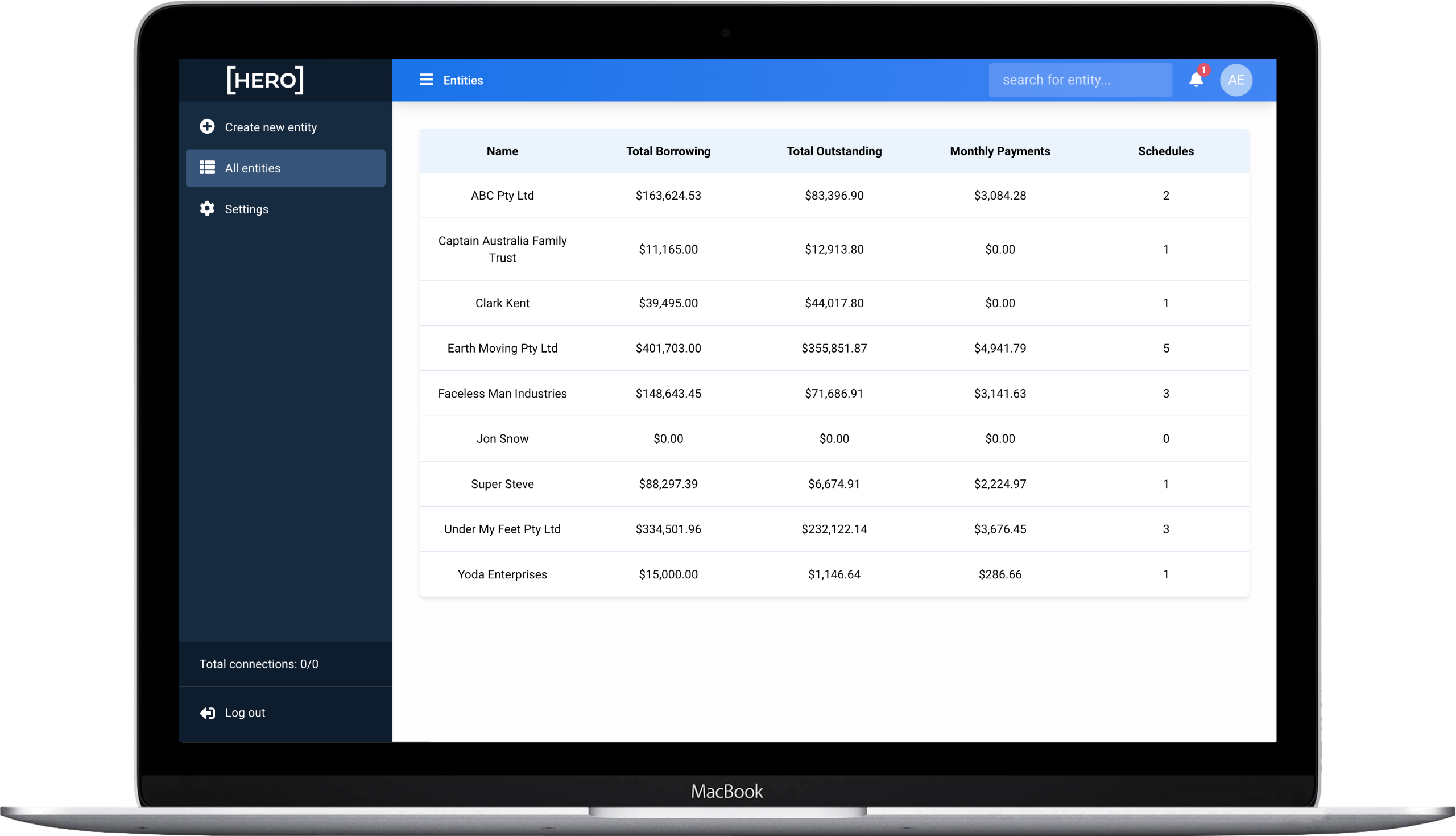 Hero Blue app dashboard showing entities and finance schedule data