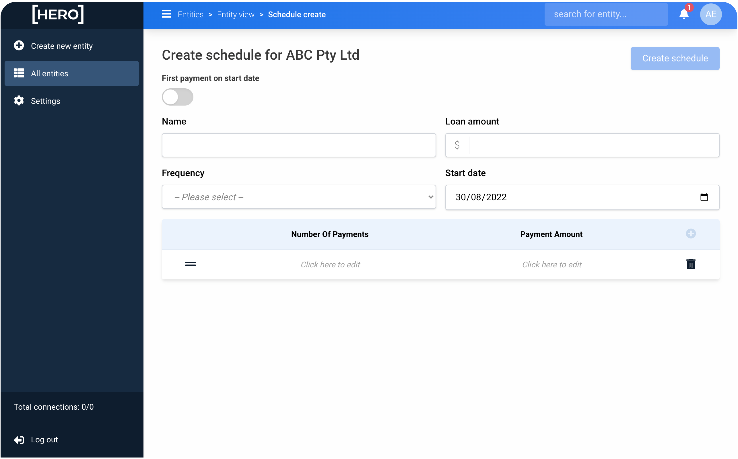 Hero Blue Schedule Creation interface